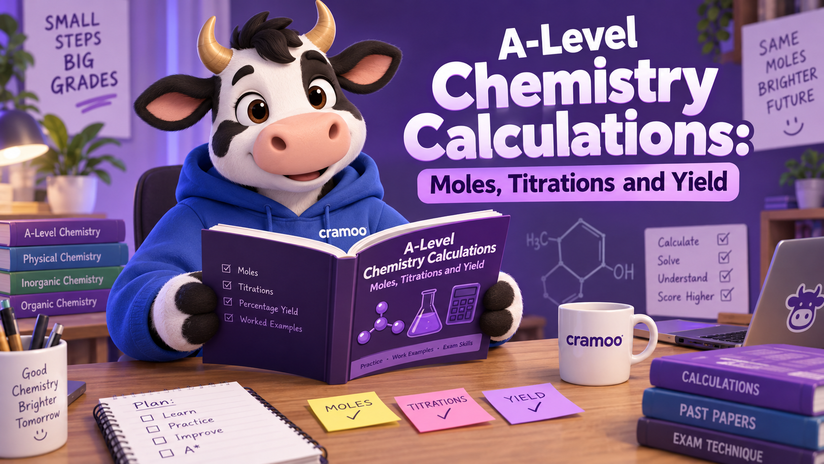 A-Level Chemistry Calculations: Moles, Titrations and Yield — Cramoo revision guide illustration