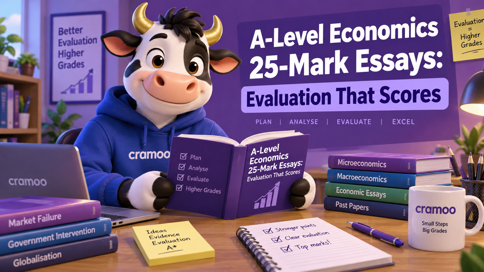 A-Level Economics 25-Mark Essays: Evaluation That Scores — Cramoo revision guide illustration