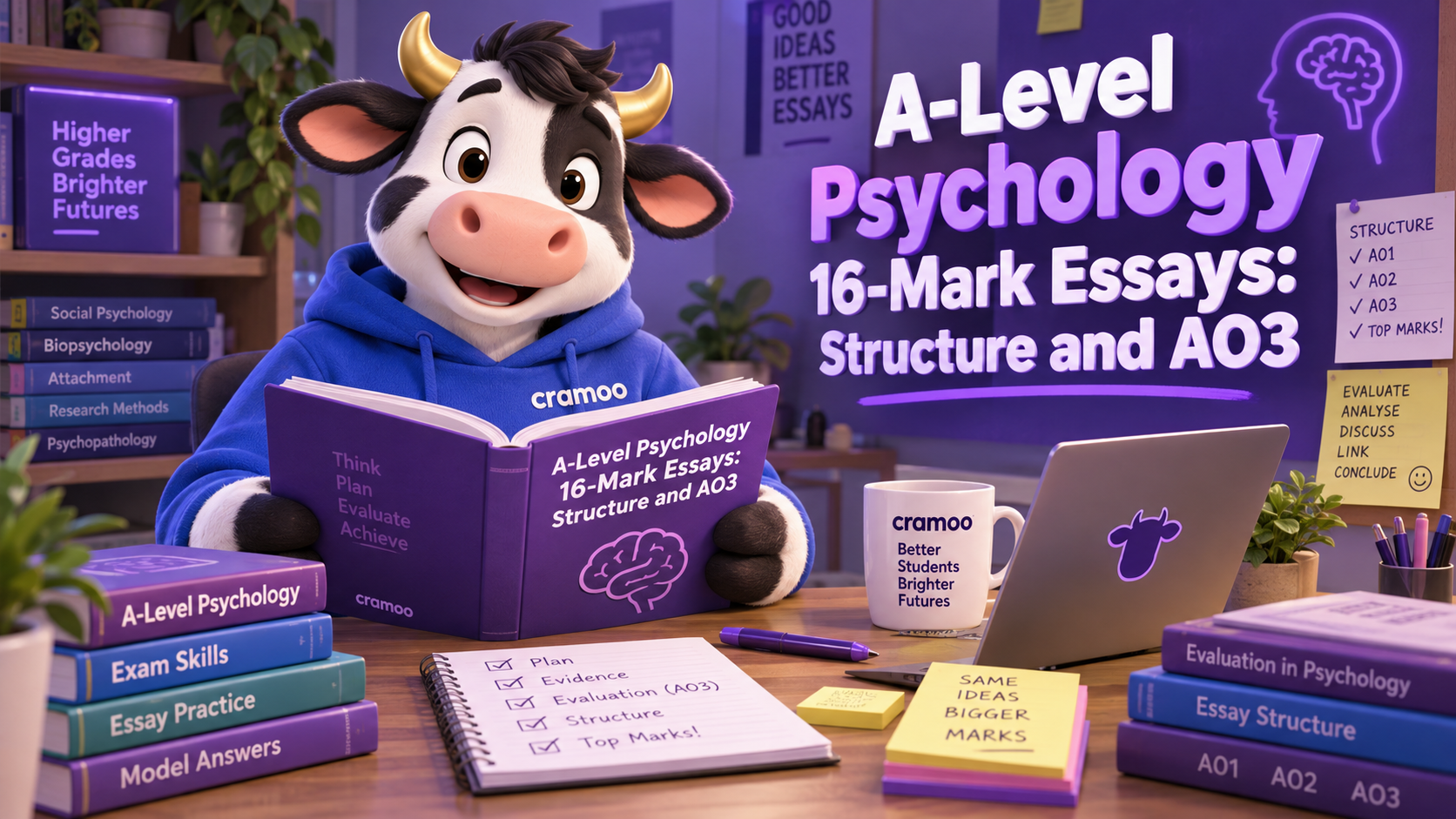 A-Level Psychology 16-Mark Essays: Structure and AO3 — Cramoo revision guide illustration