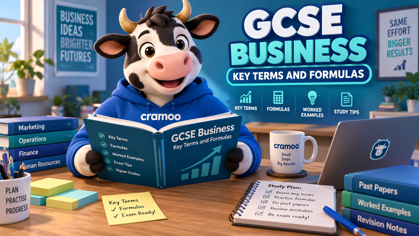 GCSE Business Key Terms and Formulas — Cramoo revision guide illustration