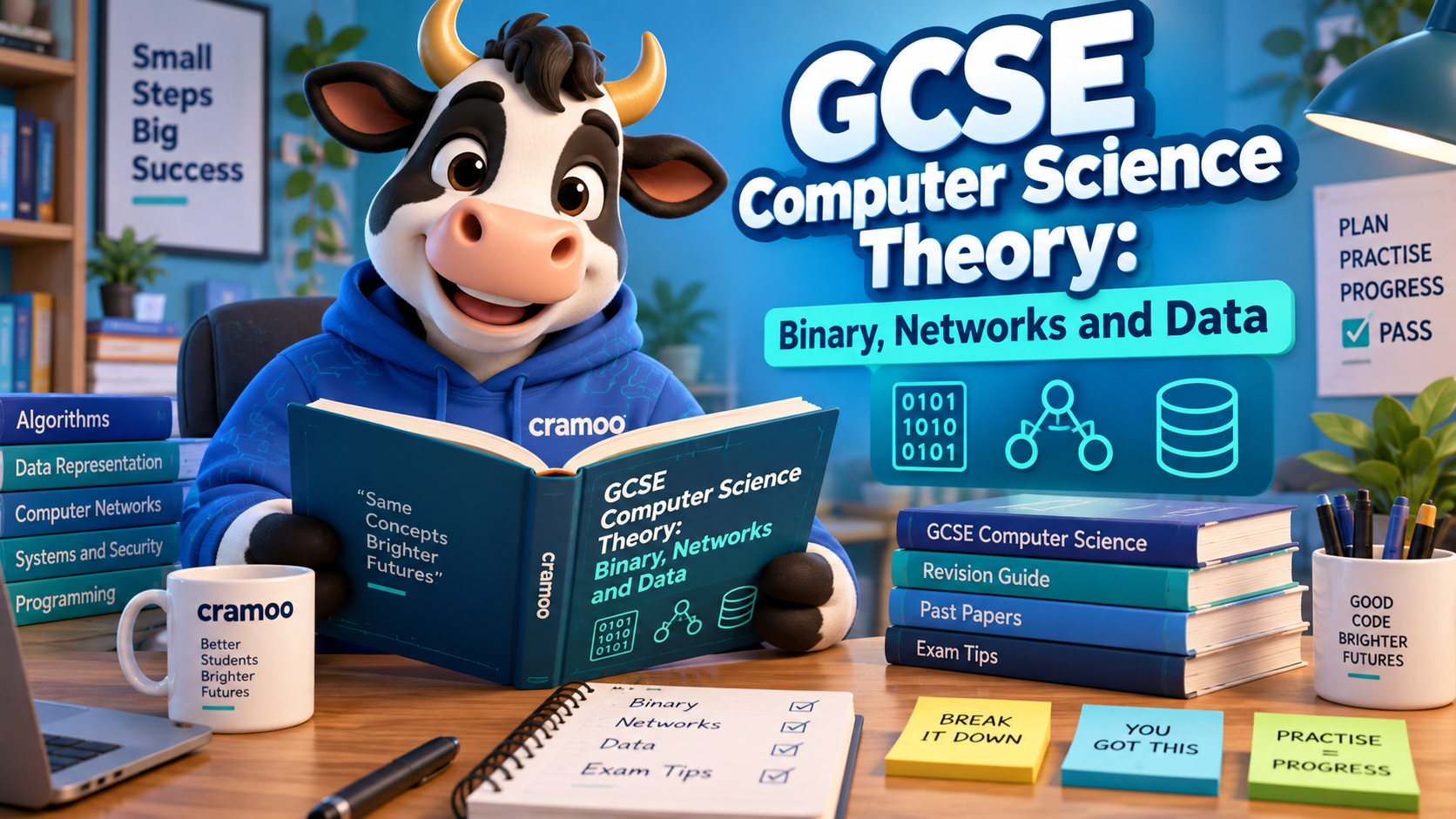 GCSE Computer Science Theory: Binary, Networks and Data — Cramoo revision guide illustration
