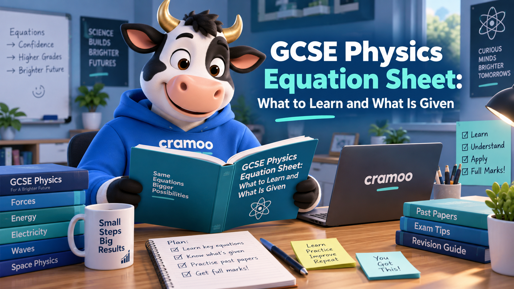 GCSE Physics Equation Sheet: What to Learn and What Is Given — Cramoo revision guide illustration